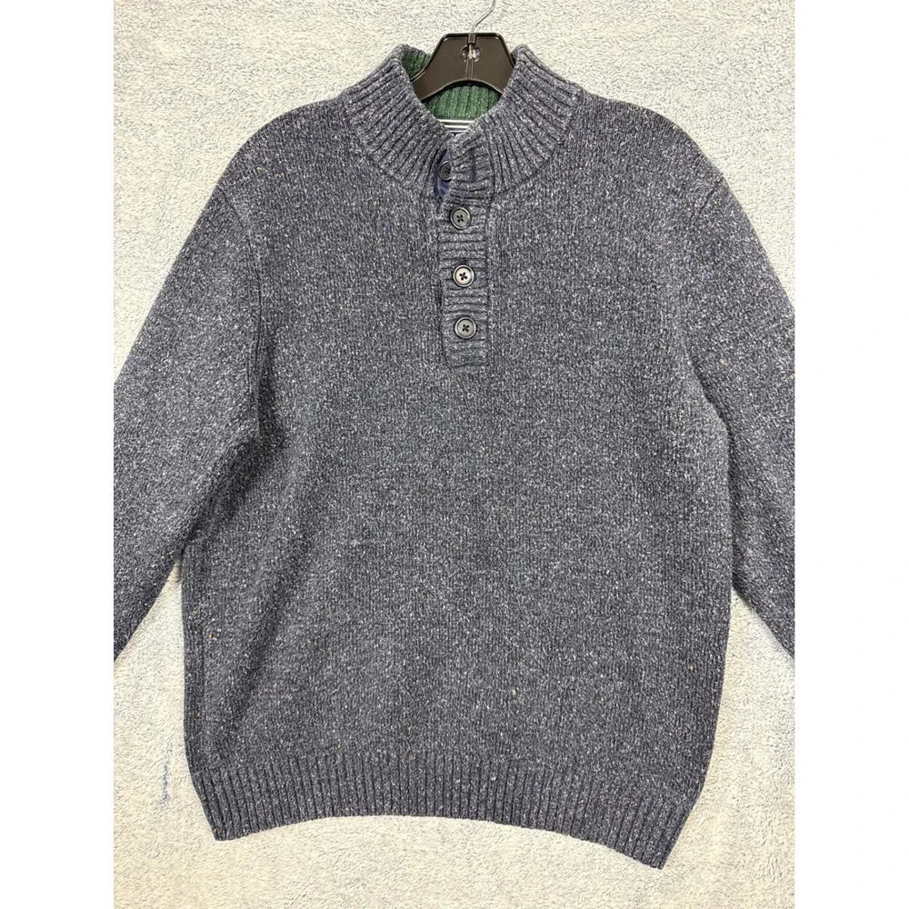 IZOD Mens Large Blue Button Pullover Sweater Marled Mock Neck Knit 9596